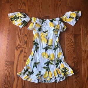 Boohoo Off-Shoulder Ruffled Lemon Print Dress